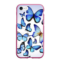 Чехол iPhone 7/8 матовый Голубые бабочки, цвет: 3D-малиновый