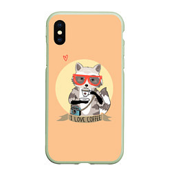 Чехол iPhone XS Max матовый Raccoon Love Coffee, цвет: 3D-салатовый