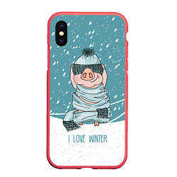 Чехол iPhone XS Max матовый Pig: I love winter, цвет: 3D-красный