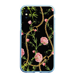 Чехол iPhone XS Max матовый Versace Золотая цепь и розы, цвет: 3D-голубой