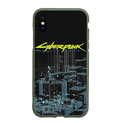 Чехол iPhone XS Max матовый Город CYBERPUNK 2077, цвет: 3D-темно-зеленый