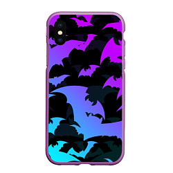 Чехол iPhone XS Max матовый ЛЕТУЧИЕ МЫШИ ХЕЛЛОУИН НЕОН HALLOWEEN NEON, цвет: 3D-фиолетовый