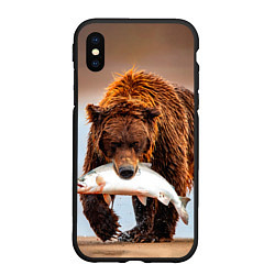 Чехол iPhone XS Max матовый Медведь с рыбой во рту, цвет: 3D-черный