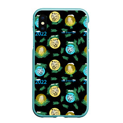 Чехол iPhone XS Max матовый Новогодний принт с тиграми, цвет: 3D-мятный