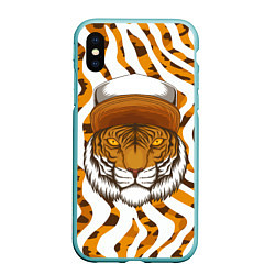 Чехол iPhone XS Max матовый Тигр в кепке, цвет: 3D-мятный