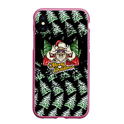 Чехол iPhone XS Max матовый Merry Christmas Santa с Ёлками, цвет: 3D-малиновый
