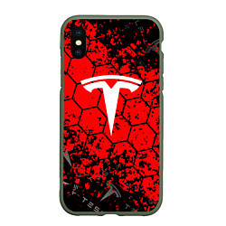 Чехол iPhone XS Max матовый Tesla Logo соты, цвет: 3D-темно-зеленый