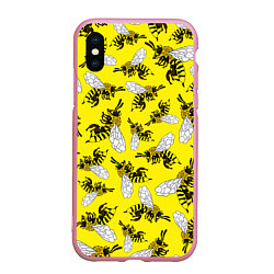 Чехол iPhone XS Max матовый Пчелы на желтом, цвет: 3D-розовый