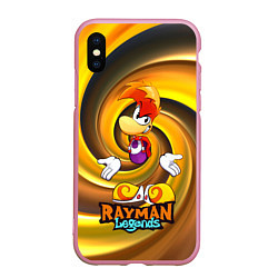 Чехол iPhone XS Max матовый Rayman Legends на фоне желтой спирали, цвет: 3D-розовый