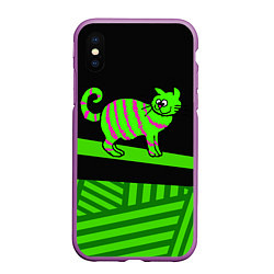 Чехол iPhone XS Max матовый Зеленый полосатый кот, цвет: 3D-фиолетовый