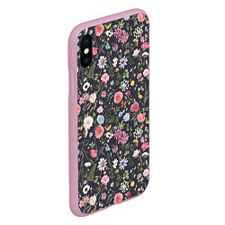 Чехол iPhone XS Max матовый Разные цветы, листья, травы на темном фоне, цвет: 3D-розовый — фото 2