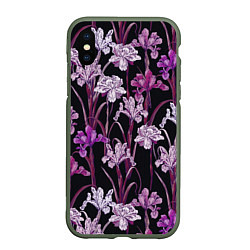 Чехол iPhone XS Max матовый Цветы Фиолетовые Ирисы, цвет: 3D-темно-зеленый