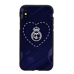 Чехол iPhone XS Max матовый Лого Real Madrid в сердечке на фоне мячей, цвет: 3D-черный