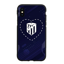 Чехол iPhone XS Max матовый Лого Atletico Madrid в сердечке на фоне мячей, цвет: 3D-черный