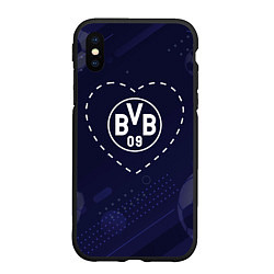 Чехол iPhone XS Max матовый Лого Borussia в сердечке на фоне мячей, цвет: 3D-черный