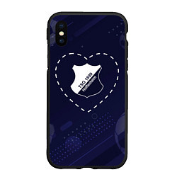 Чехол iPhone XS Max матовый Лого Hoffenheim в сердечке на фоне мячей, цвет: 3D-черный