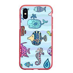 Чехол iPhone XS Max матовый Кит, черепаха, акула и другие обитатели океана, цвет: 3D-красный