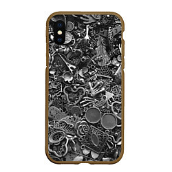 Чехол iPhone XS Max матовый Металлические шильдики и брелоки - стимпанк, цвет: 3D-коричневый