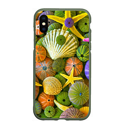 Чехол iPhone XS Max матовый Композиция из морских звёзд и ракушек, цвет: 3D-темно-зеленый