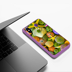 Чехол iPhone XS Max матовый Композиция из морских звёзд и ракушек, цвет: 3D-фиолетовый — фото 2