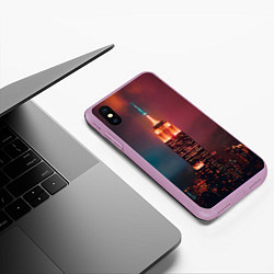 Чехол iPhone XS Max матовый Неоновая ночная башня в городе, цвет: 3D-сиреневый — фото 2