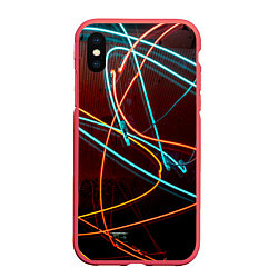 Чехол iPhone XS Max матовый Неоновые лучи на тёмной поверхности, цвет: 3D-красный