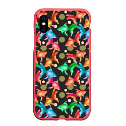 Чехол iPhone XS Max матовый Разноцветные рыбы паттерн, цвет: 3D-красный