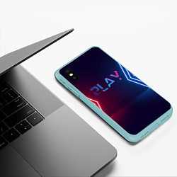 Чехол iPhone XS Max матовый Play неоновые буквы и красно синие полосы, цвет: 3D-мятный — фото 2