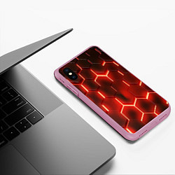 Чехол iPhone XS Max матовый Светящиеся красным светом шестиугольники, цвет: 3D-розовый — фото 2