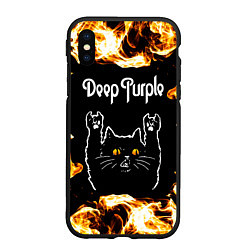 Чехол iPhone XS Max матовый Deep Purple рок кот и огонь, цвет: 3D-черный