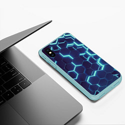 Чехол iPhone XS Max матовый Голубой неон соты, цвет: 3D-мятный — фото 2