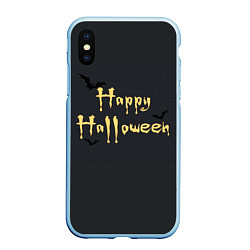 Чехол iPhone XS Max матовый Happy Halloween надпись с летучими мышами, цвет: 3D-голубой