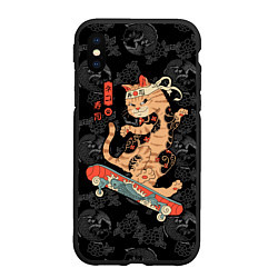 Чехол iPhone XS Max матовый Кот самурай на скейтборде, цвет: 3D-черный