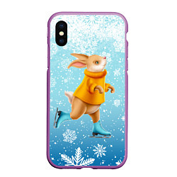 Чехол iPhone XS Max матовый Кролик на коньках в снегопад, цвет: 3D-фиолетовый