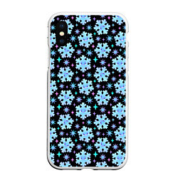 Чехол iPhone XS Max матовый Яркие зимние снежинки с цветными звездами, цвет: 3D-белый