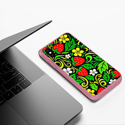 Чехол iPhone XS Max матовый Роспись земляника и цветы, цвет: 3D-малиновый — фото 2