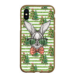 Чехол iPhone XS Max матовый Кролик в очках на фоне елок, цвет: 3D-коричневый