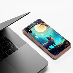 Чехол iPhone XS Max матовый Волк в ночном лесу в folk art стиле, цвет: 3D-коричневый — фото 2