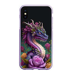 Чехол iPhone XS Max матовый Неоновый дракон с цветами, цвет: 3D-светло-сиреневый