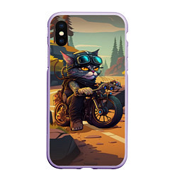 Чехол iPhone XS Max матовый Кот на мотоцикле - байкер, цвет: 3D-светло-сиреневый