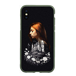 Чехол iPhone XS Max матовый Воспоминания о любви Девушка цветы и замок, цвет: 3D-темно-зеленый