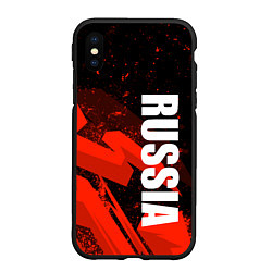 Чехол iPhone XS Max матовый Russia - белая надпись на красных брызгах, цвет: 3D-черный