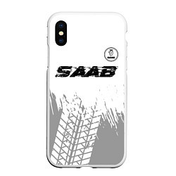 Чехол iPhone XS Max матовый Saab speed на светлом фоне со следами шин: символ, цвет: 3D-белый