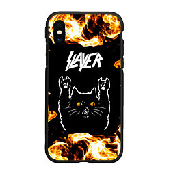 Чехол iPhone XS Max матовый Slayer рок кот и огонь, цвет: 3D-черный