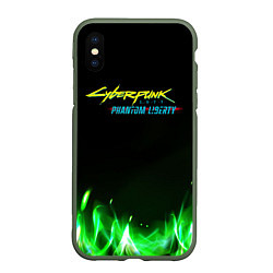 Чехол iPhone XS Max матовый Cyberpunk 2077 phantom liberty green fire logo, цвет: 3D-темно-зеленый
