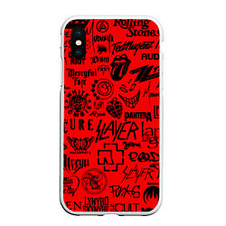Чехол iPhone XS Max матовый Лучшие рок группы на красном, цвет: 3D-белый