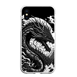 Чехол iPhone XS Max матовый Черно-белый дракон и волны, цвет: 3D-белый