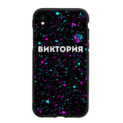 Чехол iPhone XS Max матовый Виктория и неоновый герб России: символ сверху, цвет: 3D-черный