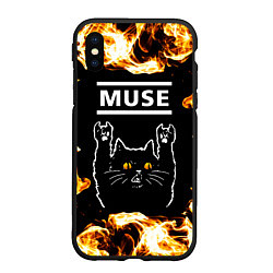 Чехол iPhone XS Max матовый Muse рок кот и огонь, цвет: 3D-черный