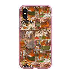 Чехол iPhone XS Max матовый Коллаж из сказочных зверей - совы, белки, ёжики, цвет: 3D-розовый